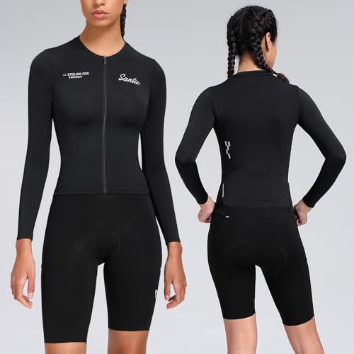 Santic Camisa feminina de ciclismo de manga comprida com zíper completo FPS 50+ Bike Jersey com bols