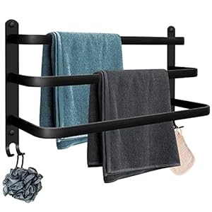Handdoekrek Badkamer 50cm zwart,Niet-Geperforeerd Handdoek Bar Holder zwart aluminium Three Layer Towel Rack Wall Mounted Handdoekstang Hanger Met Haken badkamer plank Douche