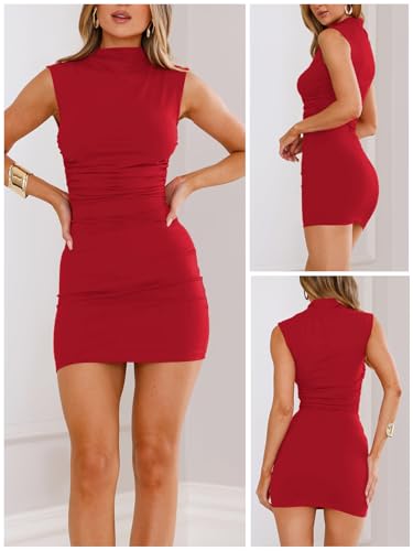 Image of MIYIEONZ Women's Sexy Summer Casual Mock Neck Sleeveless Bodycon Dresses Ruched Turtleneck Cocktail Party Mini Dress