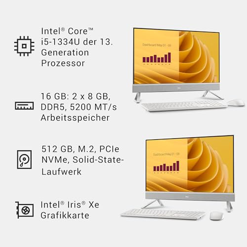 Dell Inspiron 27 All-in-One EC27250 – 27\ FHD (1920 x 1080) IPS, Intel Core i5-1334U, Intel Iris Xe, 16 GB RAM, 512 GB SSD, Windows 11 Home, QWERTZ-Tastatur & kabellose Maus, Pearl White
