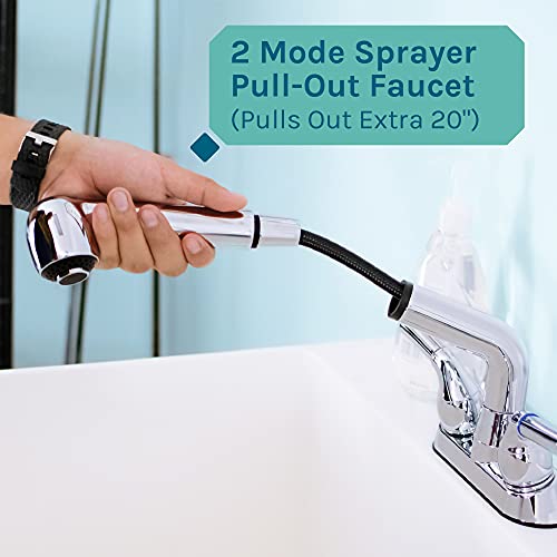 White Utility Sink Laundry Tub With Pull Out Chrome Faucet, Sprayer Spout, Heavy Duty Slop Sinks For Washing Room, Basement, Garage or Shop, Large Free Standing Wash Station Tubs and Drainage