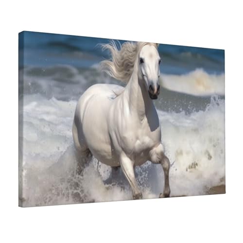 Cheval blanc courant sur la mer toile murale moderne encadrée 45,7x30,5 cm pour salon