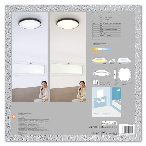 LEDVANCE ORBIS DISC Badezimmer-Deckenleuchte 300mm, schwarz, 18W, 2200lm, warm- bis kaltweißes Weißlicht, per Lichtschalter steuerbar, besonders schlankes Design, IP44 Schutzklasse, 3000K-4000K