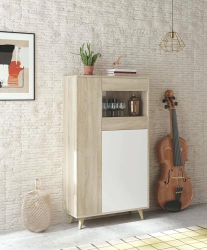 Dmora Vetrina Atlanta, Vetrinetta Moderna a 3 Ante, Credenza da Soggiorno o Salotto, Madia Alta con Ripiani, 77x33h142 cm, Rovere e Bianco