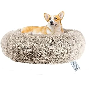 Fireowl Calming Dog Bed Large: 70cm Donut Anti-Anxiety Plush Cuddler, Soft Puppy Sofa, Cat Cushion, Machine Washable, Beige