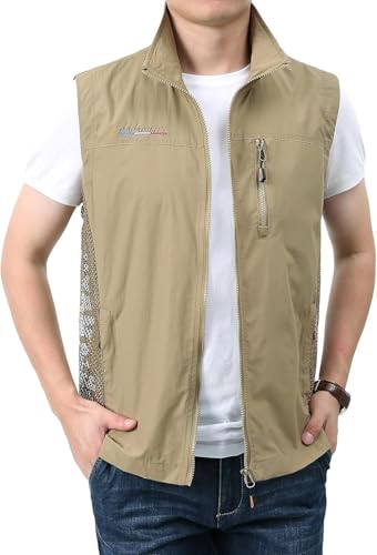 CwccLSH Multifuncional Chaleco al Aire Libre for Hombre, Secado rápido, Transpirable, for Acampar, Pescar, Cazar, fotografía, Chaleco, Chaqueta sin Mangas, Abrigo(Khaki,L)