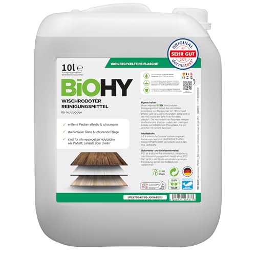 BiOHY Wischroboter Reinigungsmittel für Holzböden (10 Liter Kanister) | Bodenreiniger Konzentrat | Laminat & Parkettpflege | Bodenreiniger Mittel mit streifenfreiem Glanz | Schaumarm