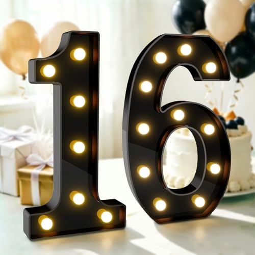 Image of Pooqla 16th Birthday Decorations for Boys, Large Black Light Up Numbers | Black Party Decorations, 12.6in Tall Big Marquee Numbers 16th Anniversary Birthday Gift for Boys Wedding Room Decor