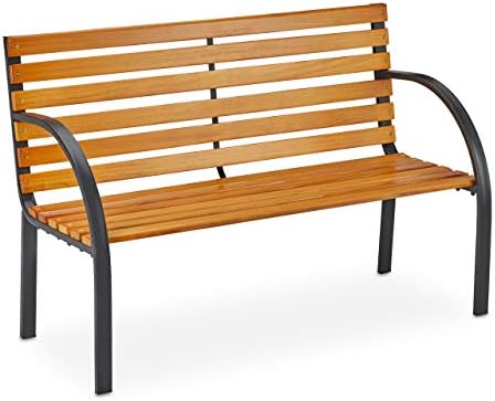 Relaxdays Garden Bench, 2 Seater Seat, Wood Slats, Steel Frame, Balcony and Terrace, 84 x 122 x 60 cm, Natural