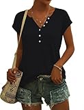 Demegimi T-Shirt Femme Été Col V à Boutons Manches Courtes Haut Femme Coton Coupe Ample To...