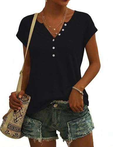 Demegimi T-Shirt Femme Été Col V à Boutons Manches Courtes Haut Femme Coton Coupe Ample Top Femme Confortable Casual,Noir,M