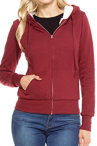 Ladies Soft Warm Sherpa Lined Full Zip Hoodie Sweater Jacket - Burgundy - L