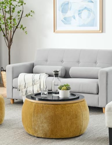Image of Elegent Round Coffee Table with Wooden Top, Storage Ottoman Tables for Living Room, Centre Tables, Tea Tables, Farmhouse, Wood Drum Coffee Table, Upholstered Ottoman Accent Table (Yellow)