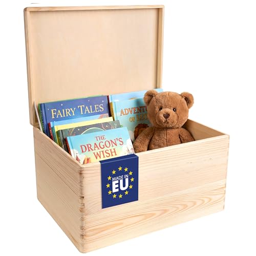 Creative Deco XXL Große Holzkiste mit Deckel | 40x30x24 cm (+/-1cm) | Holztruhe Erinnerungsbox Baby Holzbox mit Deckel Kasten | Weihnachten | Für Dokumente, Spielzeug, Werkzeuge | ROH & UNGESCHLIFFEN