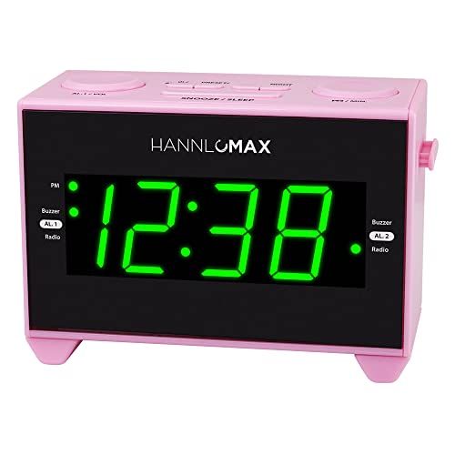 HANNLOMAX HX-132CR Alarm Clock Radio, PLL FM Radio, USB Type-A and USB Type-C for Charging, Drawer-Type Charger Holder for Smartwatches, Night Light, AC Operation Only. (Pink)