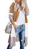 CARDYDONY Women Colorblock Long Duster Cardigan Casual Knit Sweater Khaki M
