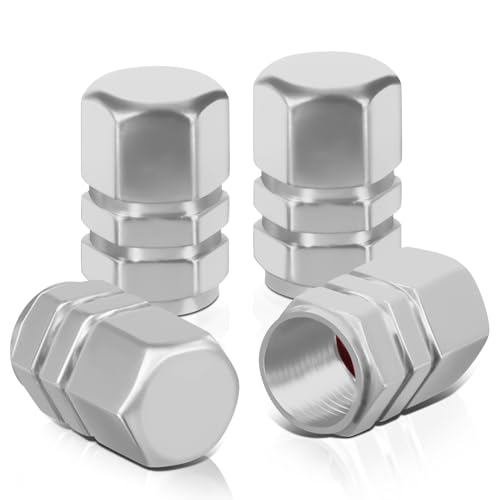 Auto Dynasty Tire Valve Stem Caps 4 Pieces Hexagon Style Aluminum Tire Rim Valve Air Port Dust Cover Universal Stem Covers for Cars, SUVs, Bike and Bicycle, Trucks, Motorcycles, Silver