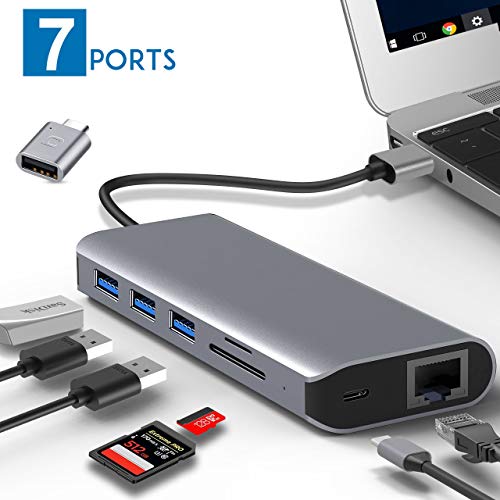 XDDIAS USB hub Adattatore, 7 in 1 Laptop Docking Station, con Lettore di Schede SD/Micro SD e Porta Ethernet e Ingresso Micro USB e 3 USB Porte, per PC, Laptop, MacBook e Altri Dispositivi USB