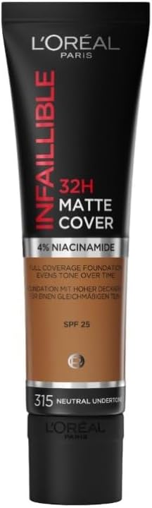 L'Oreal Paris Cover Liquid Foundation, With 4% Niacinamide, Long Lasting, Natural Finish, Available in 20 Shades, SPF 25, Infallible 32H Matte Cover, Shade 315, 30ml