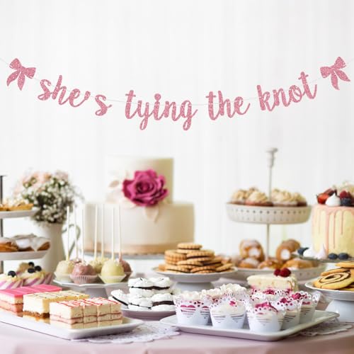 Image of She's Tying the Knot Banner, Bride to Be, Bow Bridal Shower Banner, Coquette Theme Bachelorette Wedding Engagement Party Decorations Supplies for Women Pink Glitter