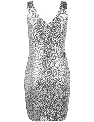 Prettyguide Women's Sequin Cocktail Dress V Neck Bodycon Glitter Party Dress L Silver #TOP5
