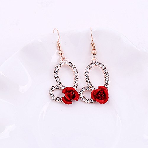 Qian0813 Vintage Red 3D Rose Drop Earrings For Women Statement Dangle Earrings With Crystal Rhinestone Valentine's Day Gift (Rhinestone) #TOP4