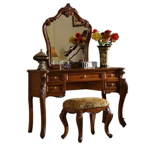 Tocador con Espejo Mesa De Maquillaje De Madera Maciza Marco Tallado A Mano Tocador De Maquillaje Grande con Cinco Cajones Y Taburete Dos Tamaños(120 * 48 * 148CM)