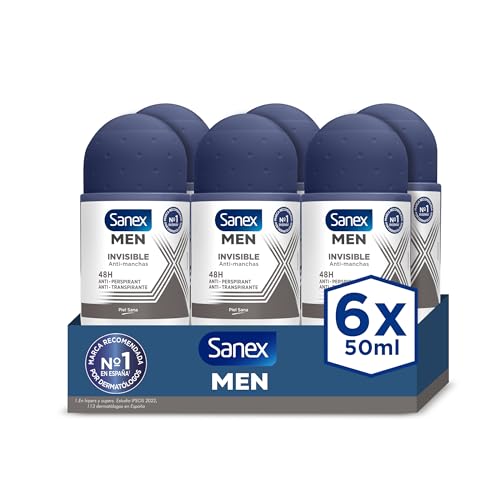 Sanex Men Dermo Invisible Desodorante Roll-On para Hombre, Protección 24H, Antitranspirante, Anti Irritación, 0% Alcohol, Combate el Mal Olor, Anti Manchas Blancas, Pack 6 Uds x 50ml