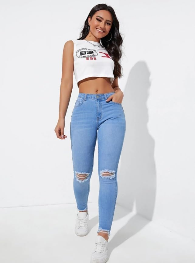 Distressed Slim Skinny Jeans with Raw Cut Edges for Women and Comfortable Wear