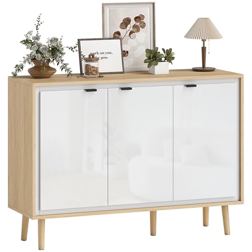 HOMCOM Buffet à Haute Brillance, Meuble de Rangement avec 3 Portes, étagères réglables, Pieds en Bois, Style Moderne, Buffet Salle à Manger, Cuisine et Salon, 107 x...