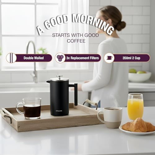 Image of andrew james Double Walled Stainless Steel Cafetiere Gift Set With 3 Mesh Filters, Coffee Measuring Spoon And Bag Sealing Clip, Delicious French Press Coffee, Easy to Clean (Matt Black, 350ml)