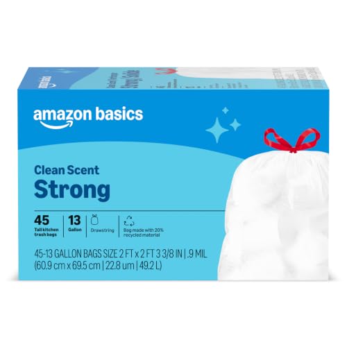 Amazon Basics Tall Kitchen Drawstring Trash Bags Clean Fresh Scent 13 Gallon 45 Count Packaging May Vary