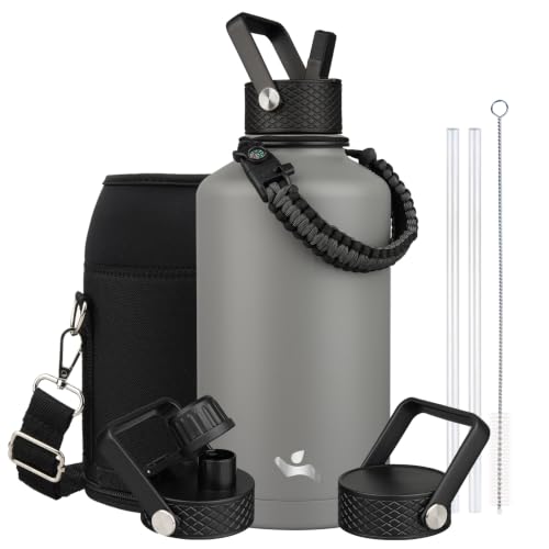 Image of Konokyo Insulated Water Bottle with Straw,87 oz 3 Lids Water Jug with Carrying Bag,Paracord Handle,Double Wall Vacuum Stainless Steel Metal Flask,Gray