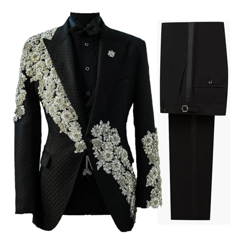 Mens Luxury 2 Piece Wedding Suit Slim Fit Peaked Lapel Jacket Blazer Pants with Handmade Floral Rhinestone for Prom