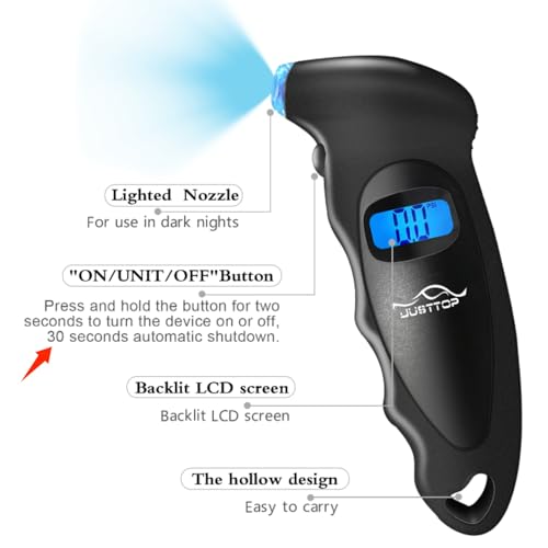 Image of JUSTTOP Digital Tire Pressure Gauge, 150PSI 4 Setting for Cars, Trucks and Bicycles, Backlit LCD and Anti-Skid Grip for Easy and Accurate Reading(Black)