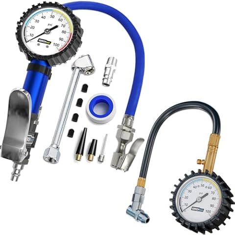 Tire Inflator with Pressure Gauge, Longer Hose and Tire Pressure Gauge - 100 PSI Cover