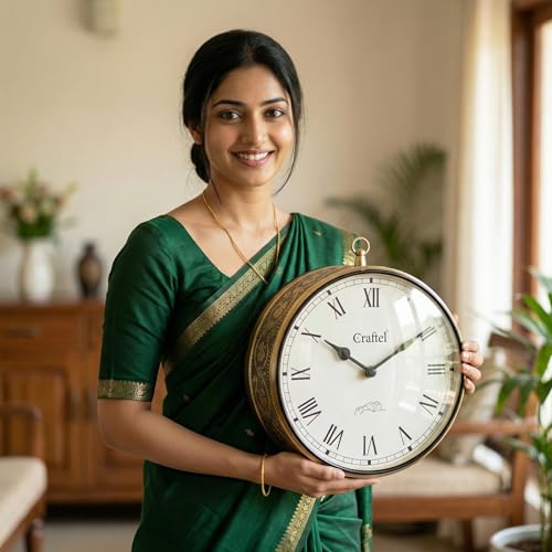 Image of CRAFTEL Double Sided Station Wall Clock Multi-Layer Electroplated | Both Side Roman Numerals | Aluminum Matte-Finish Dial Brass Body | Dial - 12 Inches, Shiny Gold | 365 Days Warranty