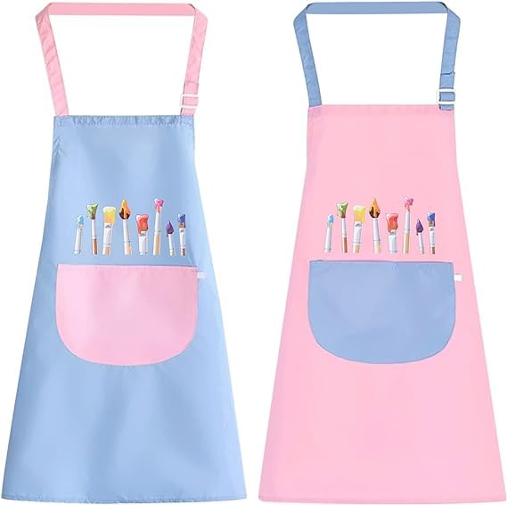 Azonee Children's Apron, 2 Pack Cute Kids Apron, Adjustable Cooking Apron, Toddler Baking Apron, Apron with Pockets, Girls Boys Bib Aprons for Painting Crafting Cooking Baking (Pink,Blue)