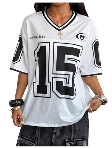 Image of SOLY HUX Jersey Shirts for Women Number Graphic Print V Neck Baggy Tees Hip Hop Streetwear