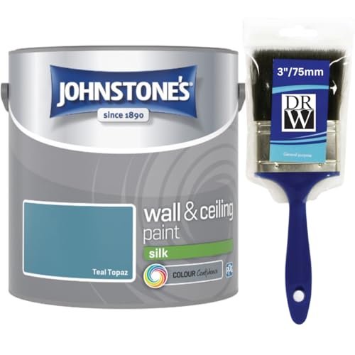 Teal Topaz Johnstone’s Wall & Ceiling Silk Paint 2.5L + 3 Fence Paint Brush – Smooth Silk Finish, Excellent Coverage, Quick Dry, Low Odour Interior Paint for Walls & Ceilings