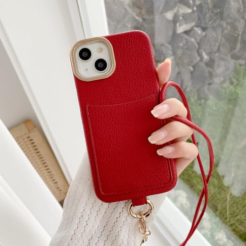 Étui en cuir Premium rouge avec porte-cartes et bandoulière pour iPhone 15 et 14 Plus