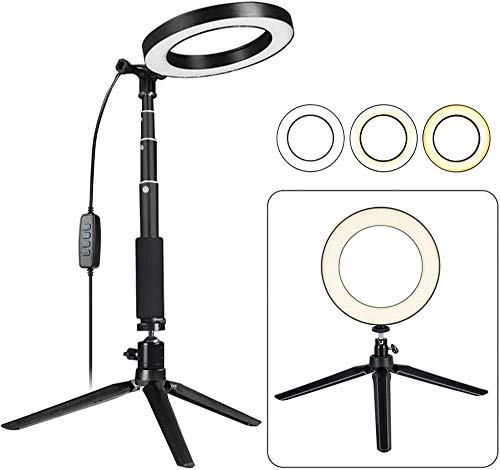 Fonrest LED Ring Light with Stretchable Tripod Stand Selfie Stick, 6-inch Dimmable Floor/Table