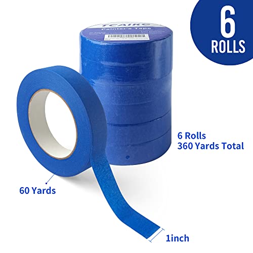 Tcairg Blue Painters Tape 1 Inch Wide Residue Free Wall Painting Blue Masking Tape With Sharp Lines 1 Inch X 60 Yards X 6 Rolls (360 Total Yards) #TOP1