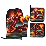 Dragon King In Fire 4-Piece Kitchen Baking Set With Printed Baking Supplies Suitable For Cooking Baking And Grilling