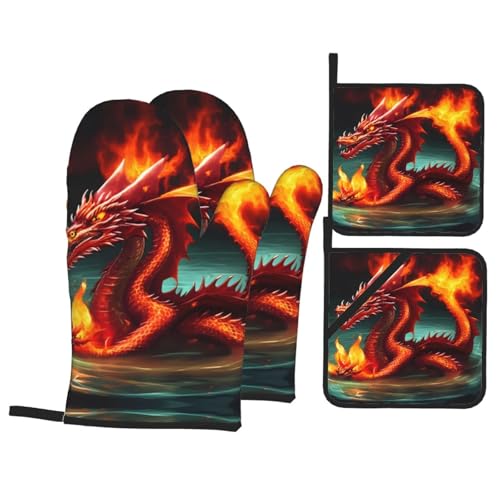Dragon King In Fire 4-Piece Kitchen Baking Set With Printed Baking Supplies Suitable For Cooking Baking And Grilling
