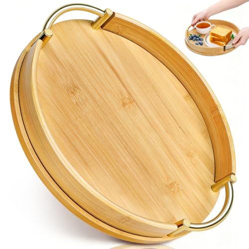 ELFULLY Round Bamboo Tray with Gold Handles