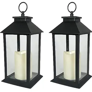 BANBERRY DESIGNS Decorative Black Lantern - Set of 2 Lanterns with LED Candle and 5-Hour Timer - 13