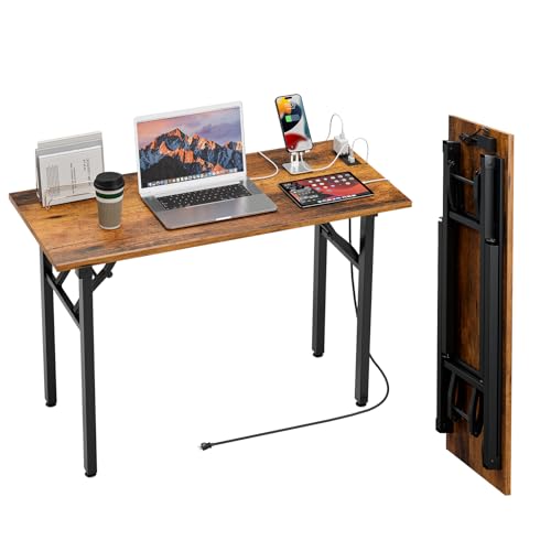 Image of TEMI Small Computer Desk Folding Table - No Assembly, Compact 44.3 inch Foldable Desk with Power Outlets & USB Charging Port, Portable Small Office Desk, Ideal Mini Study Table for Narrow Spaces, Brown