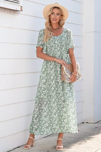 Image of Dokotoo Womens Dresses 2025 Square Neck Tie Backless Summer Dresses Cap Sleeve Floral Buttoned Empire Waist Maxi Dress