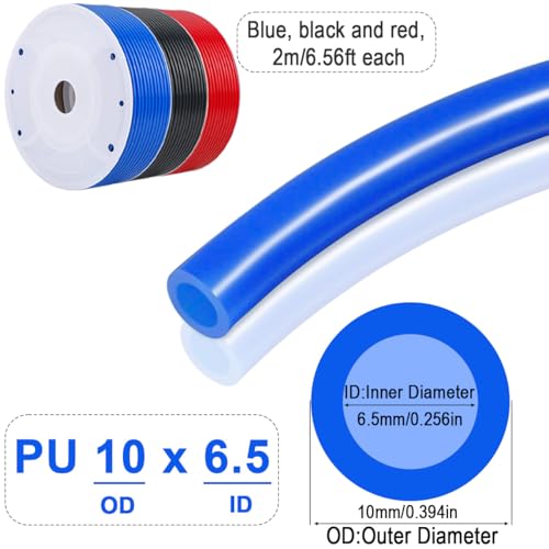 DAOKAI Pneumatikschlauch,PU Pneumatik Polyurethan PUN Schlauch,Außen 10mm x Innen 6.5mm 6 m/19.69 ft (blau, schwarz und rot, jeweils 2m/9.84 ft) Flexibel Druckluftschlauch Luft Treibstoff Öl